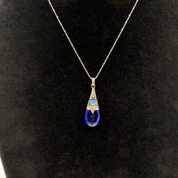 Blue Glass Sterling Silver Tear Drop Pendant On A Sterling Silver Chain - Picture 3 of 5